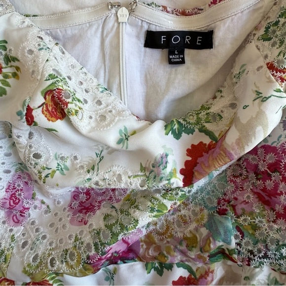 FORE White Lace Floral Print Mini Dress Puff Sleeves L - Picture 6 of 15